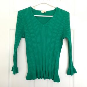 Laura Petites Mermaid Frill Ribbed Blouse L Aqua Green V-Neckline Long Sleeve